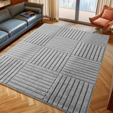 Art zilver japandi geruit vloerkleed in een woonkamer setting