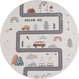 Rond kindervloerkleed speelweg COCO crème – wegprint met bergen en boompjes