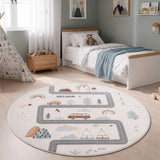 Rond speelkleed met weg COCO crème in kinderkamer – sfeerfoto