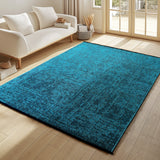 Wasbaar Vloerkleed Effenkleur Antislip Blauw in een woonkamersetting 