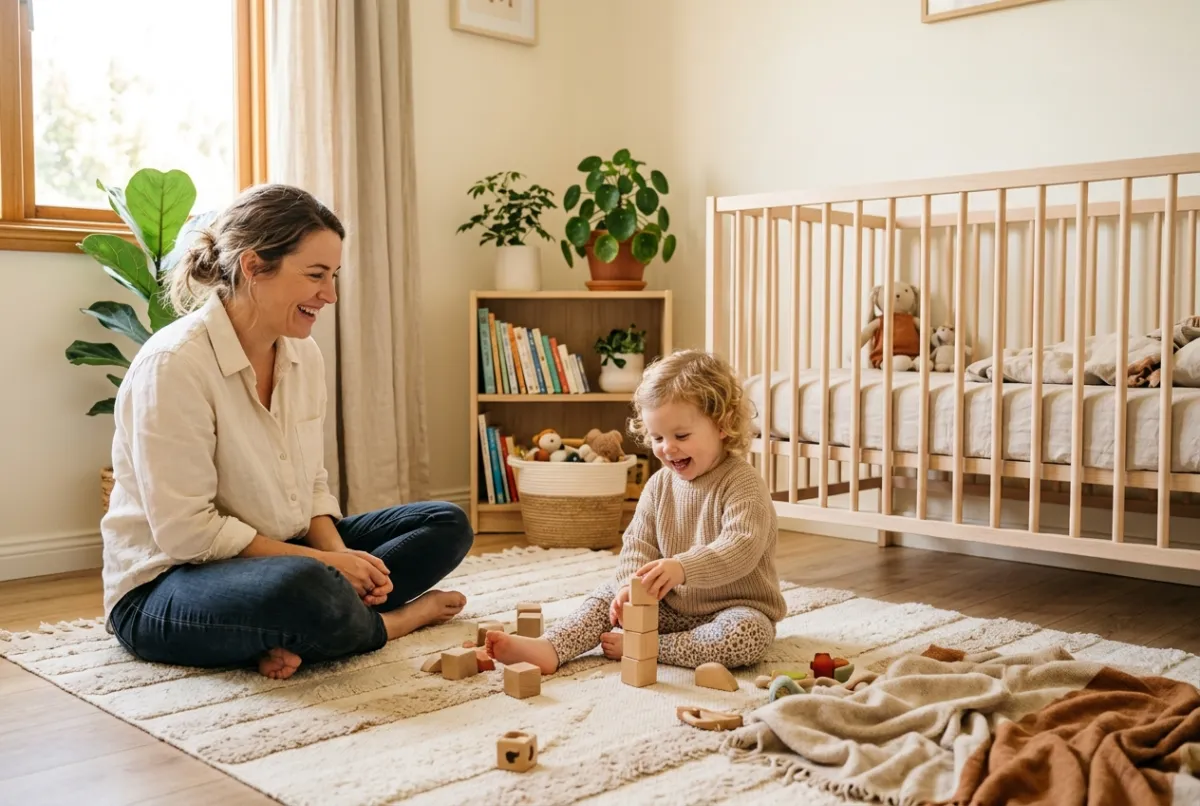 Moeder en kind spelen op een zacht wasbaar vloerkleed in een lichte kinderkamer