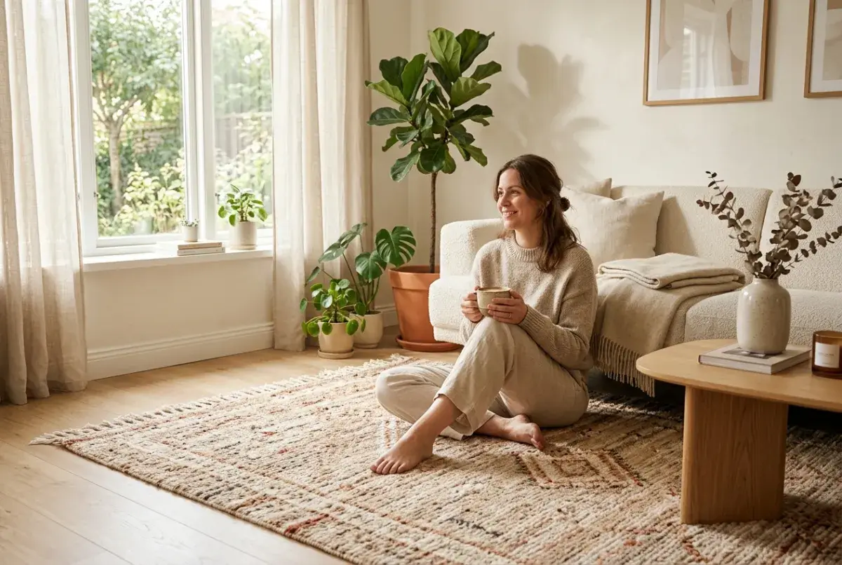 Vrouw ontspant met koffie op een warm vloerkleed in een lichte woonkamer